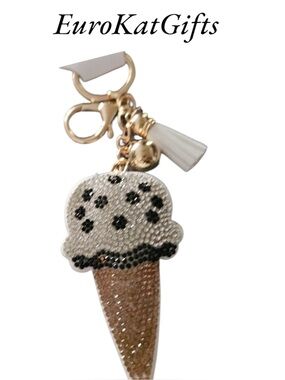 Ice Cream Cone Bag Charm Keychain with White Gold Rhinestones NEW